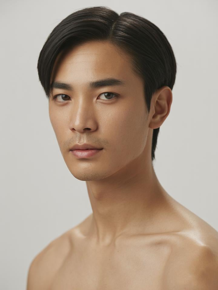 Joon — AI fashion model: Side-parted dark hair, refined elegance